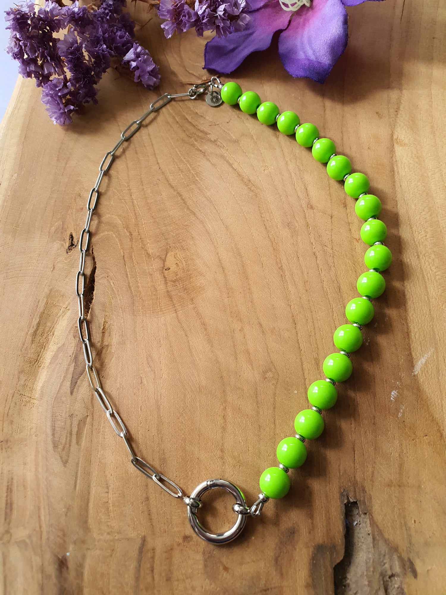 Basisketting Happy Combi rvs zilver / Licht groen kralen