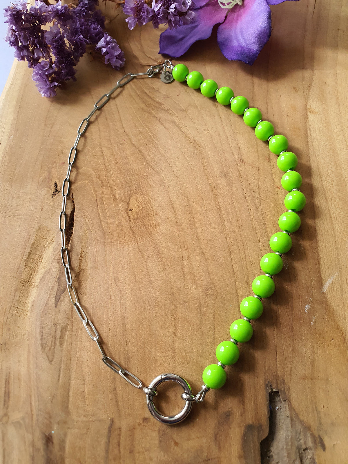 Basisketting Happy Combi rvs zilver / Licht groen kralen