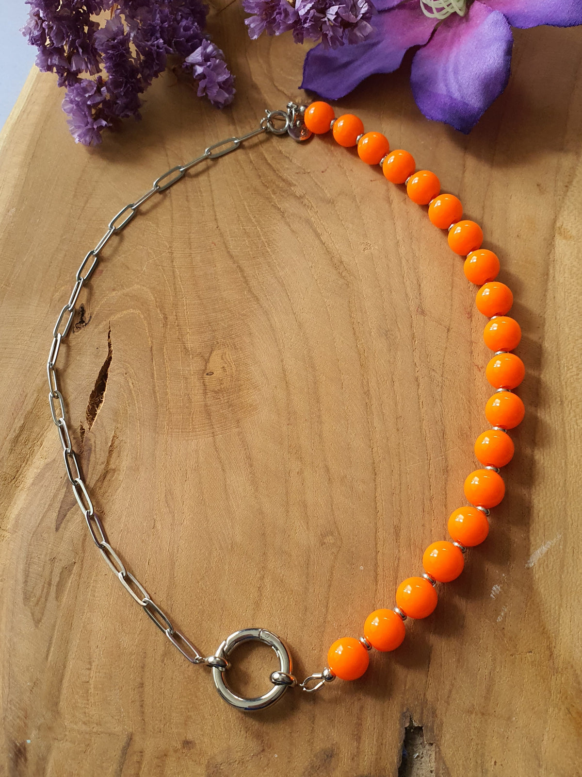 Basisketting Happy Combi rvs zilver / Oranje kralen