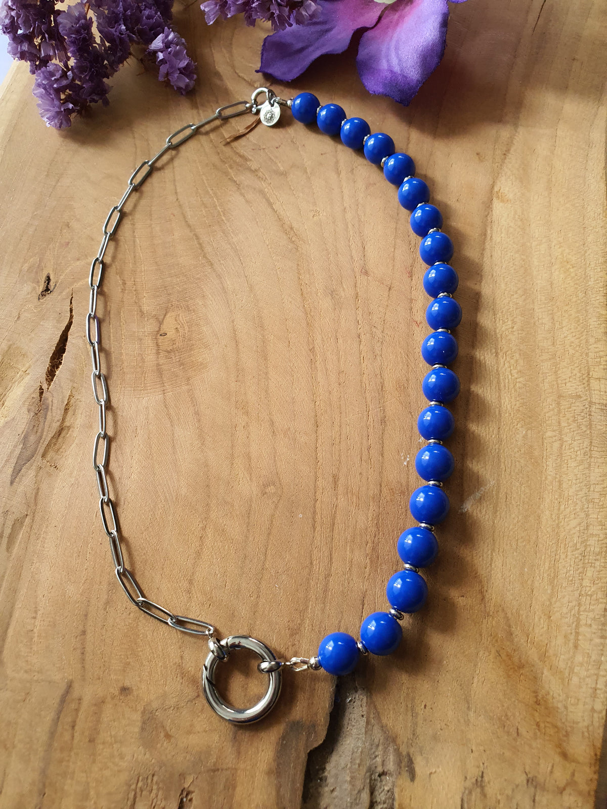 Basisketting Happy Combi rvs zilver / donker blauw kralen