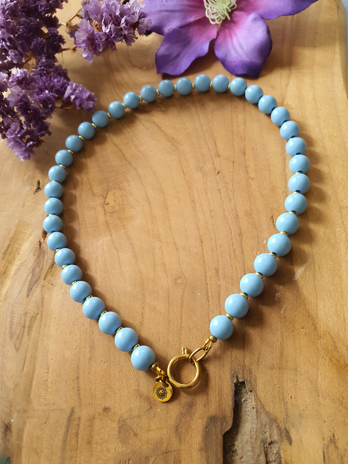 Basisketting Happy  rvs goud / licht blauwe kralen
