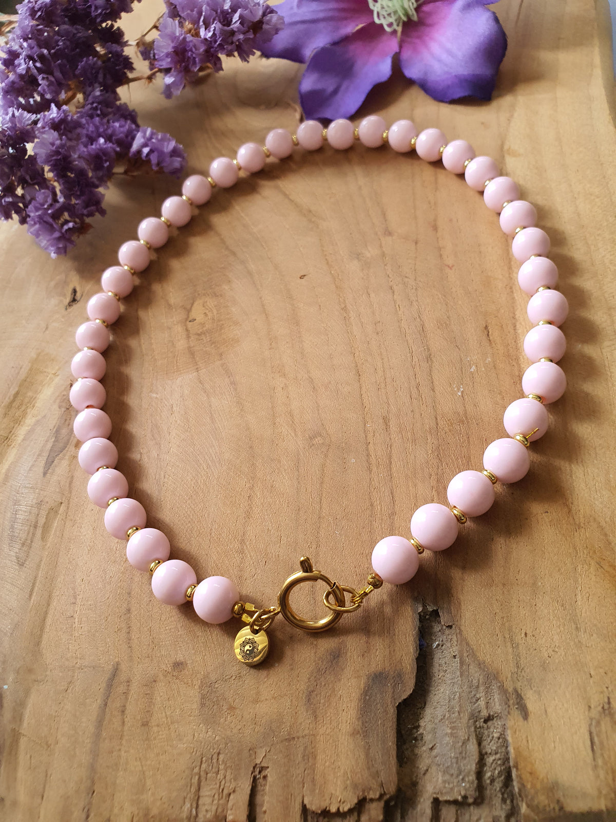 Basisketting Happy  rvs goud /licht roze kralen