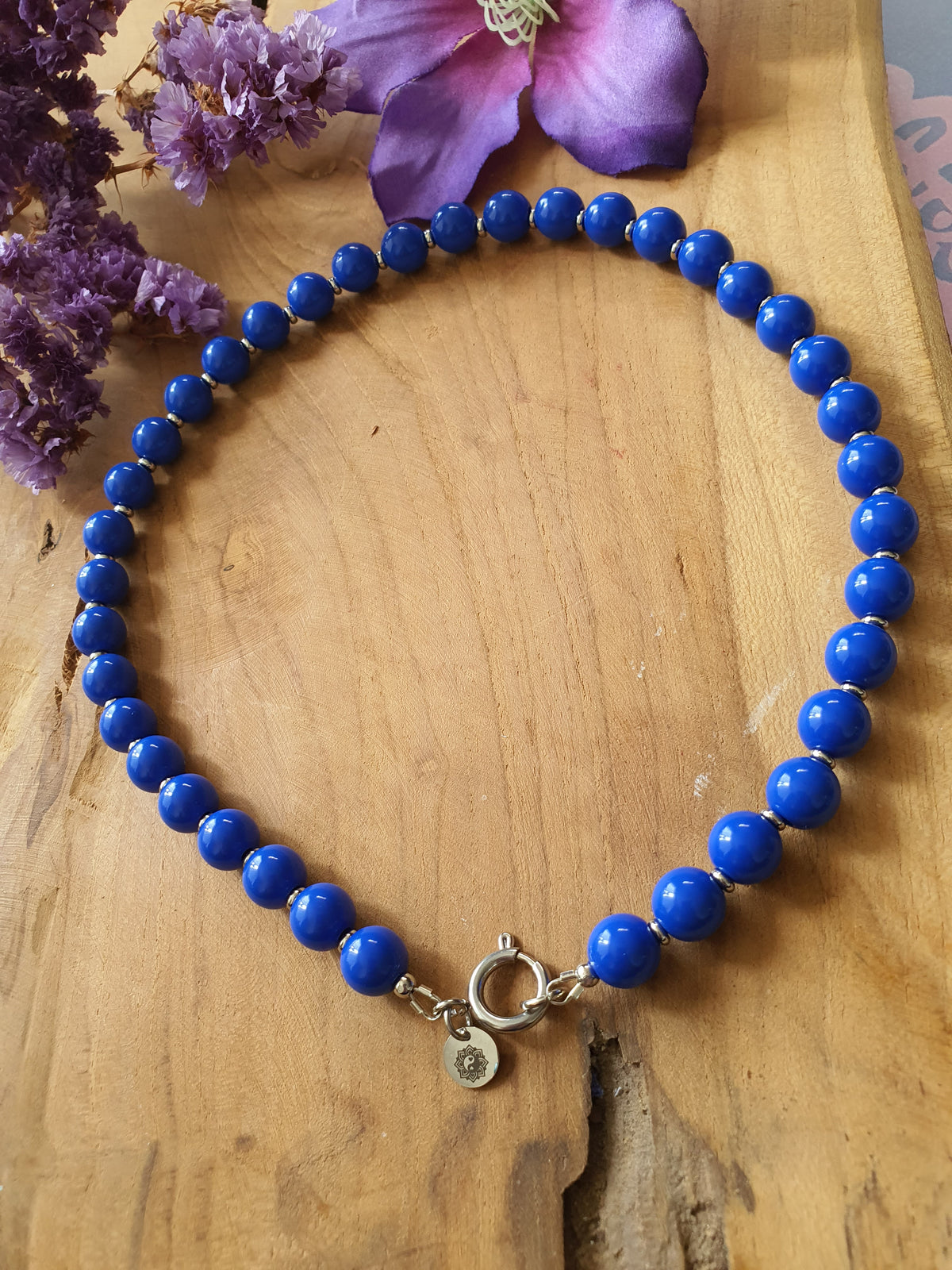 Basisketting Happy  rvs zilver / Donker Blauw kralen