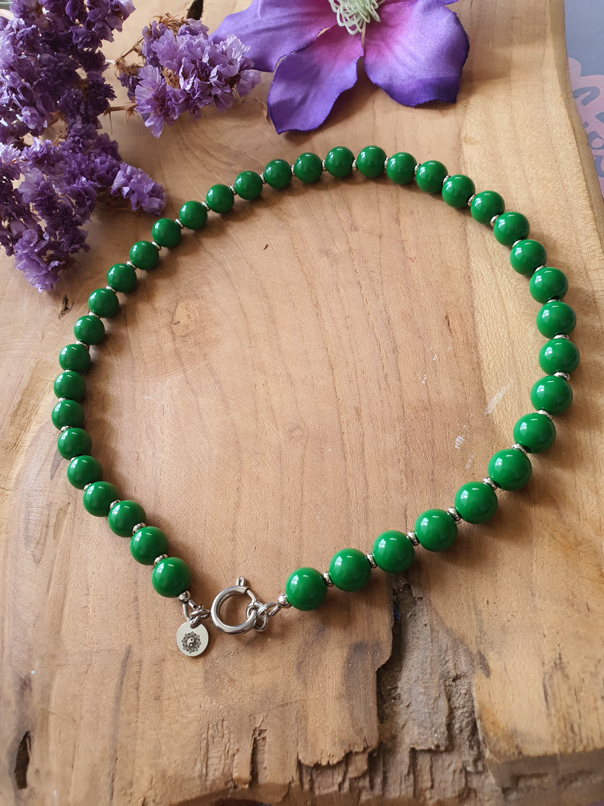 Basisketting Happy  rvs zilver / Donker Groen kralen