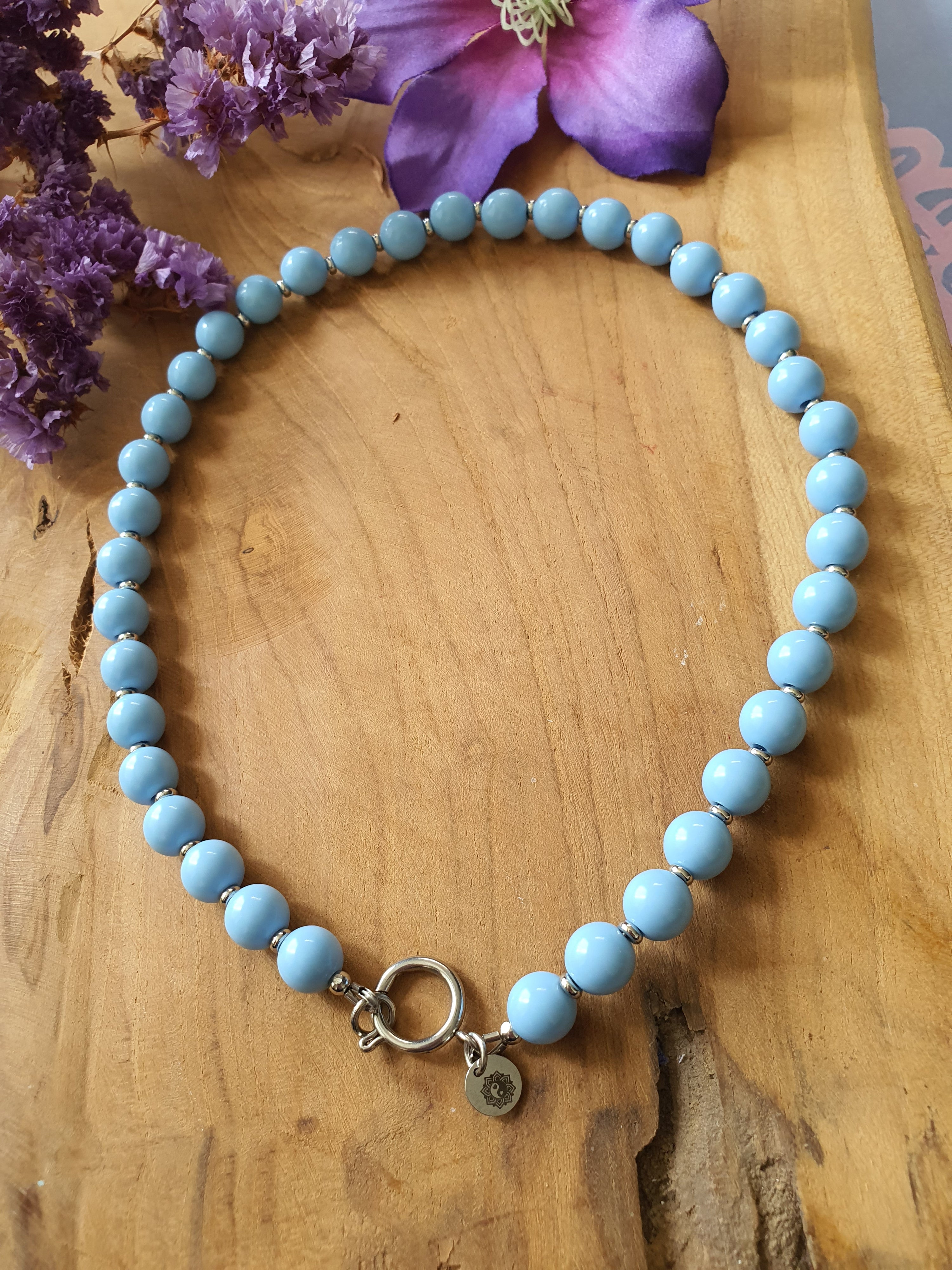 Basisketting Happy  rvs zilver / Licht Blauw kralen