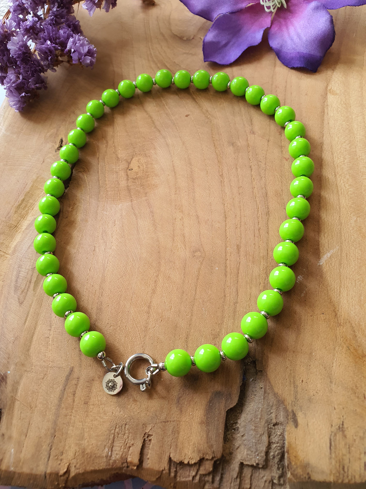 Basisketting Happy  rvs zilver / Licht Groen kralen