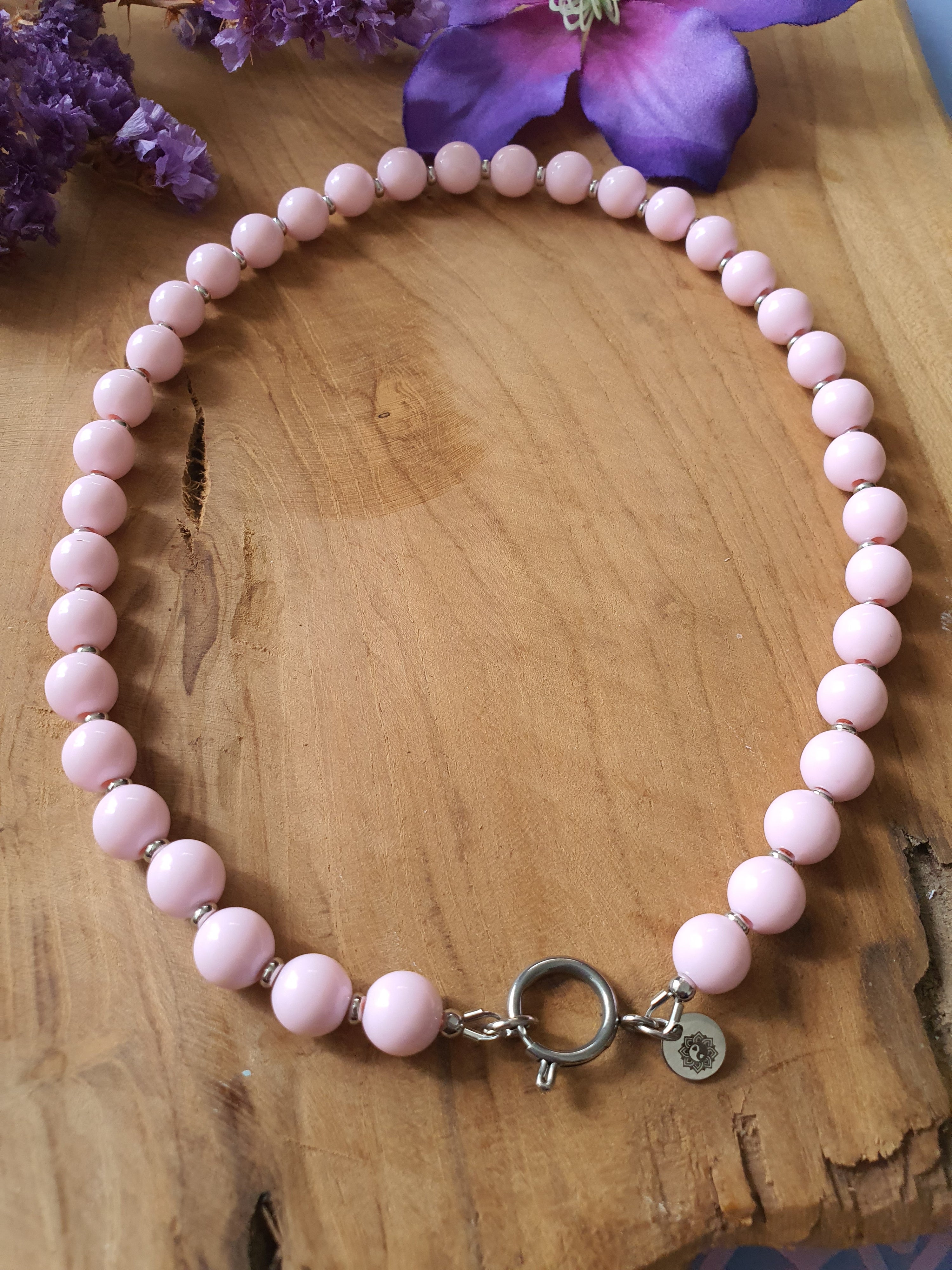 Basisketting Happy  rvs zilver / Licht roze kralen