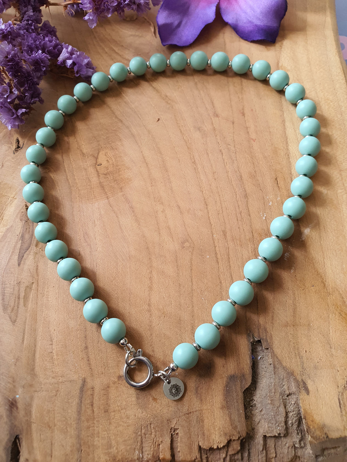 Basisketting Happy  rvs zilver / Mat groen kralen
