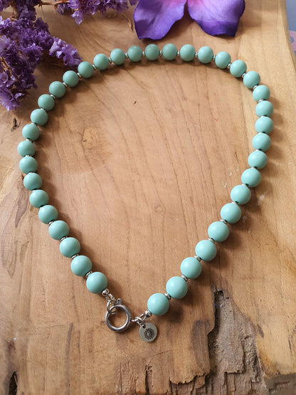 Basisketting Happy  rvs zilver / Mat groen kralen