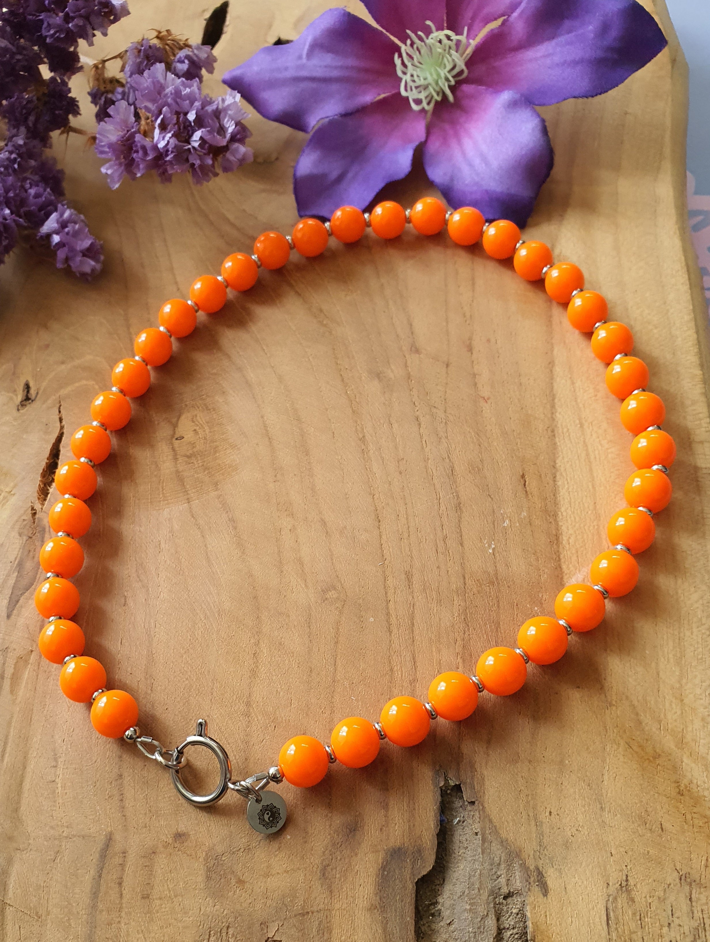 Basisketting Happy  rvs zilver / Oranje kralen