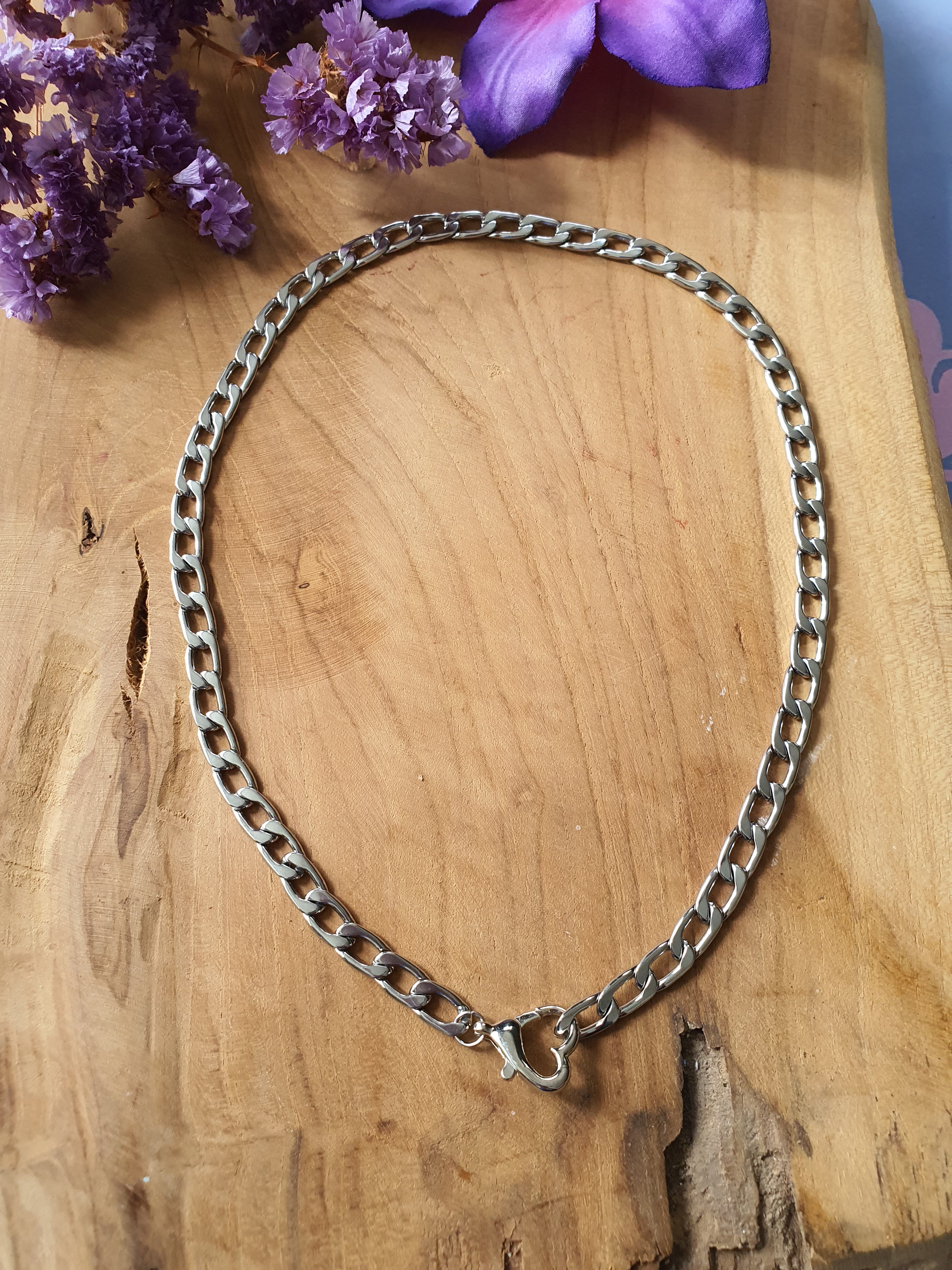 Basisketting RVS Open Schakel met Hartsluiting rvs  zilver.