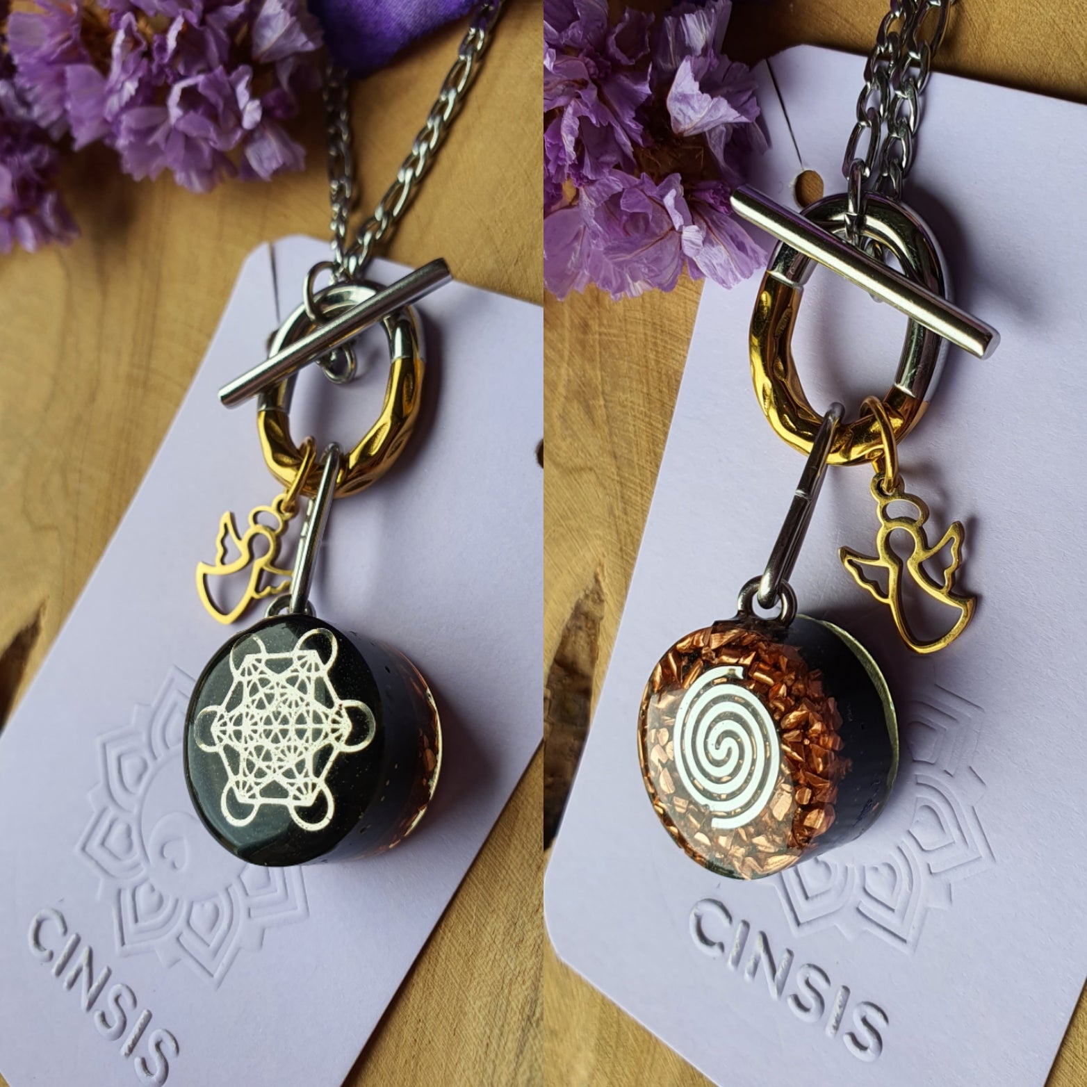 Cinsis Orgonite mix: orgonite Hanger 2 in 1 + RVS Zilver / Goud ketting nr 3020