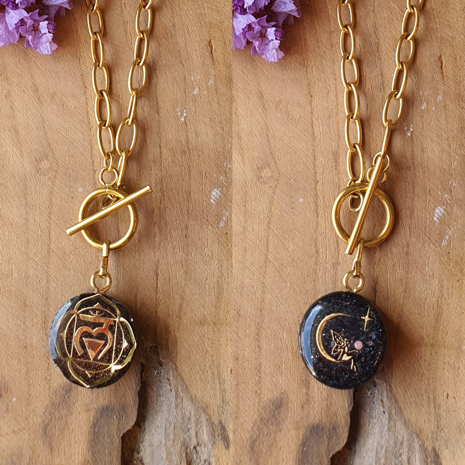 Cinsis Orgonite mix: orgonite Hanger 2 in 1 + RVS Goud ketting nr 3009