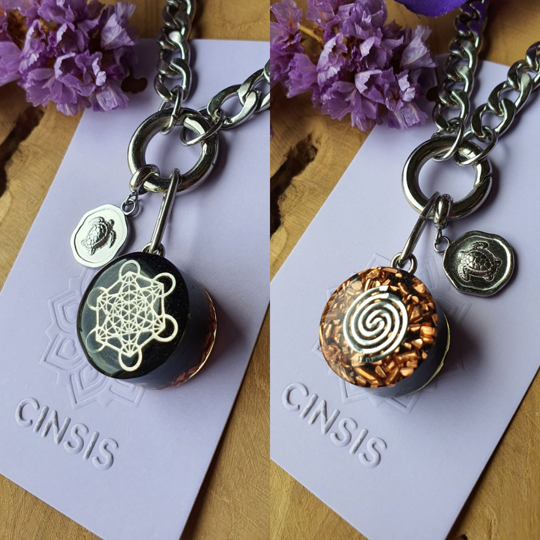Cinsis Orgonite mix: orgonite Hanger 2 in 1 + RVS Zilver ketting nr 3018