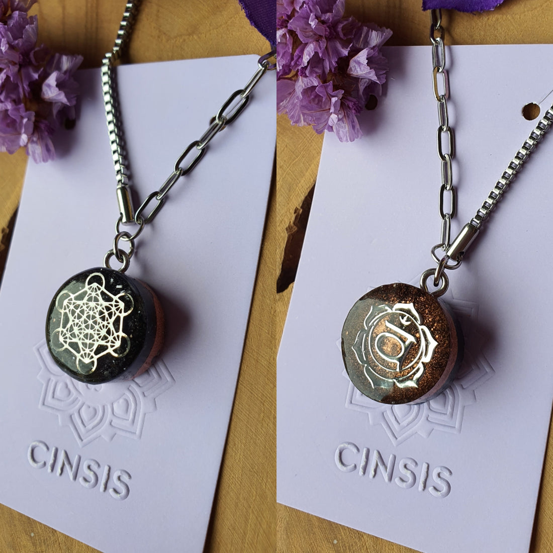 Cinsis Orgonite mix: orgonite Hanger 2 in 1 + RVS Zilver ketting nr 3021
