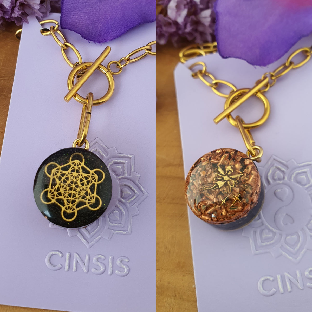 Cinsis Orgonite mix: orgonite Hanger 2 in 1 + RVS Goud ketting nr 3025