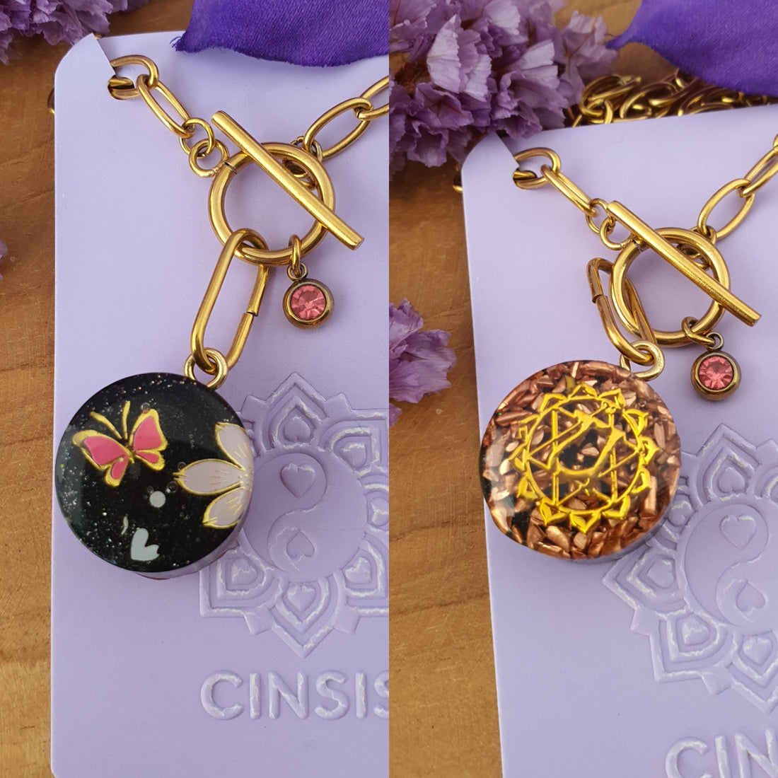Cinsis Orgonite mix: orgonite Hanger 2 in 1 + RVS Goud ketting nr 3026
