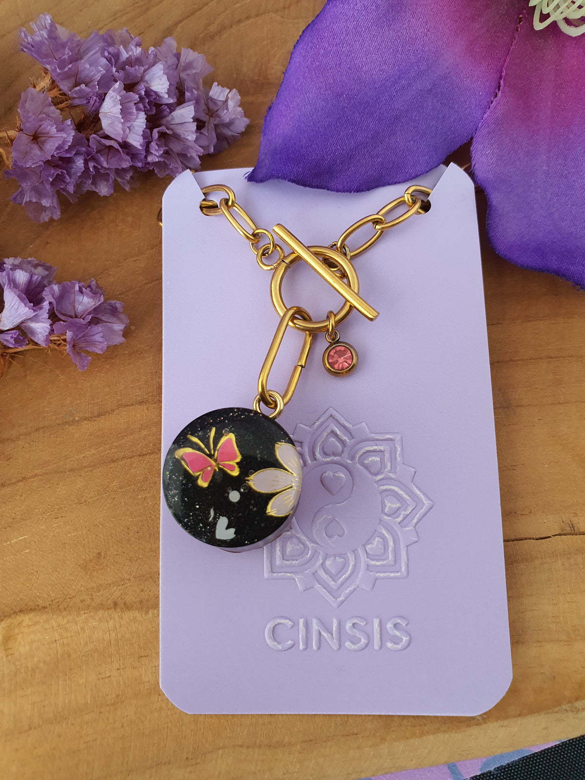 Cinsis Orgonite mix: orgonite Hanger 2 in 1 + RVS Goud ketting nr 3026 vlinder