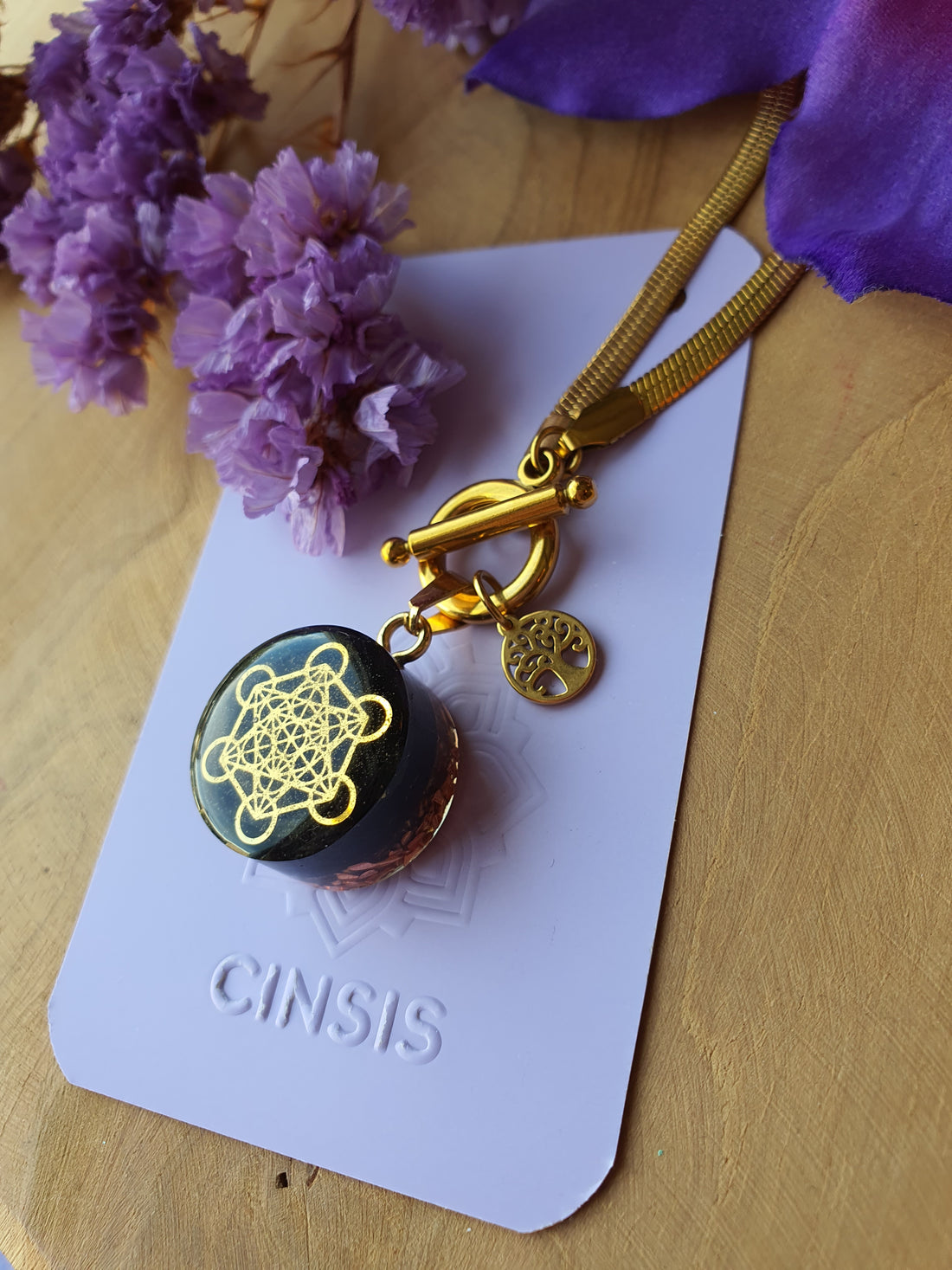 Cinsis Orgonite mix: orgonite Hanger 2 in 1 + RVS Goud ketting nr 3015