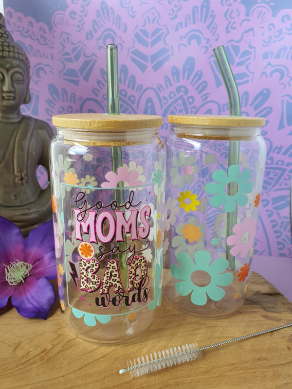 Drinkglas (blikvormige tumbler) met Bamboe deksel en rietje &