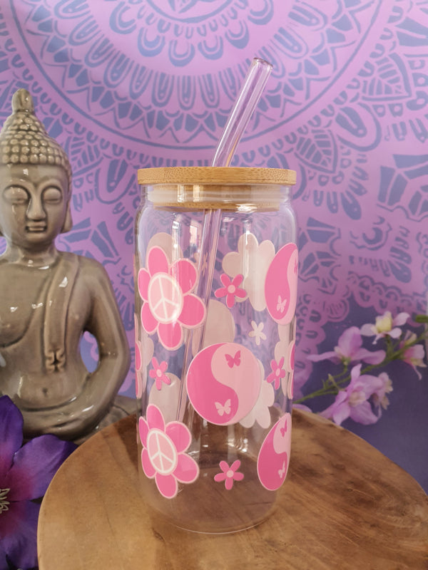 Drinkglas (blikvormige tumbler) met Bamboe deksel en rietje &