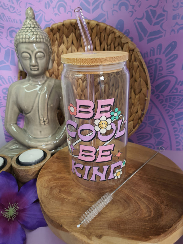 Drinkglas (blikvormige tumbler) met bamboe deksel en rietje &