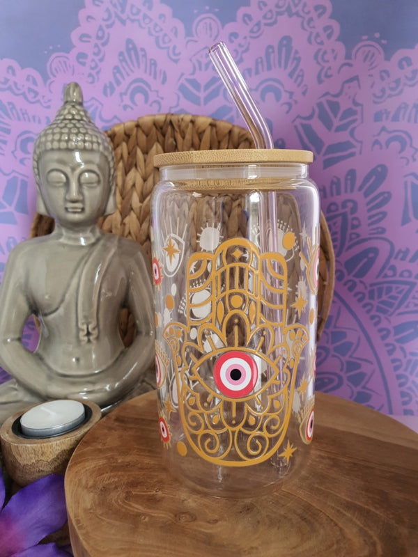 Drinkglas (blikvormige tumbler) met bamboe deksel en rietje &
