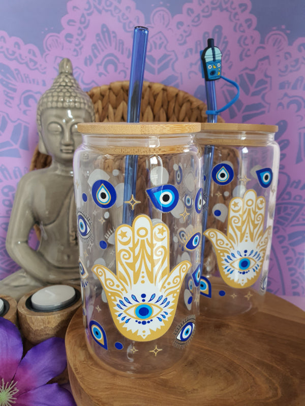 Drinkglas (blikvormige tumbler) met bamboe deksel en rietje &