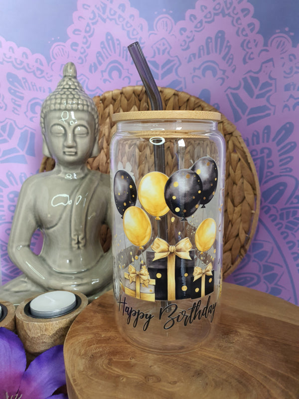 Drinkglas (blikvormige tumbler) met bamboe deksel en rietje &