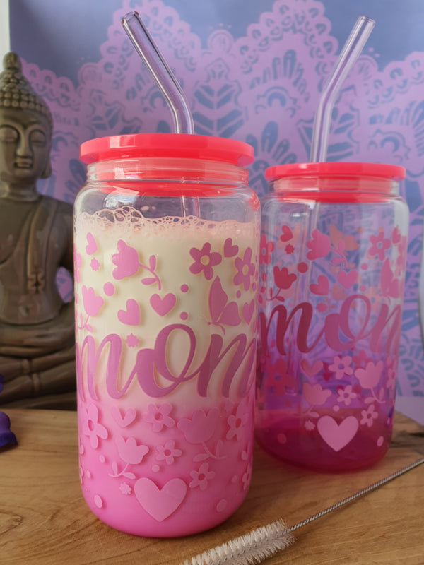 Drinkglas (blikvormige tumbler) met kunststof deksel en rietje &