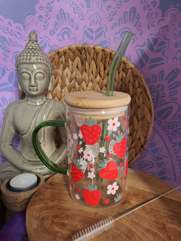 Drinkglas met handvat, bamboe deksel en rietje &