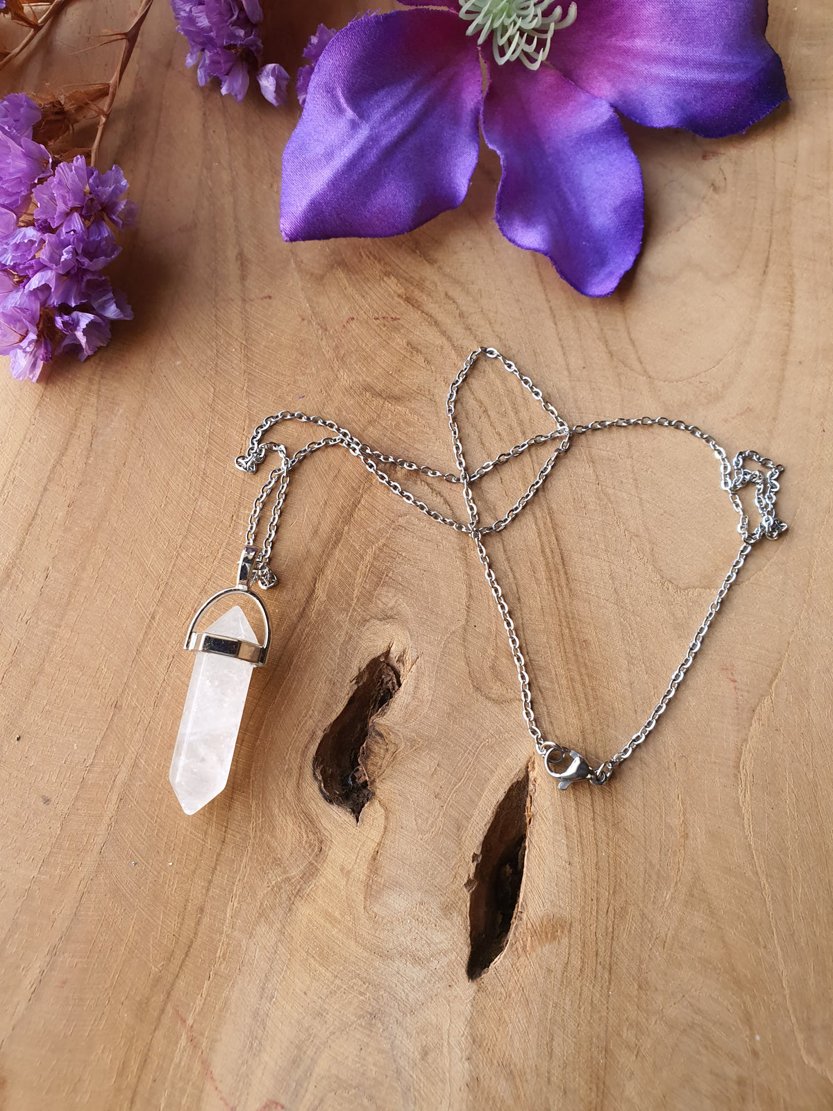 Dubbeleinder Bergkristal hanger met RVS zilveren ketting
