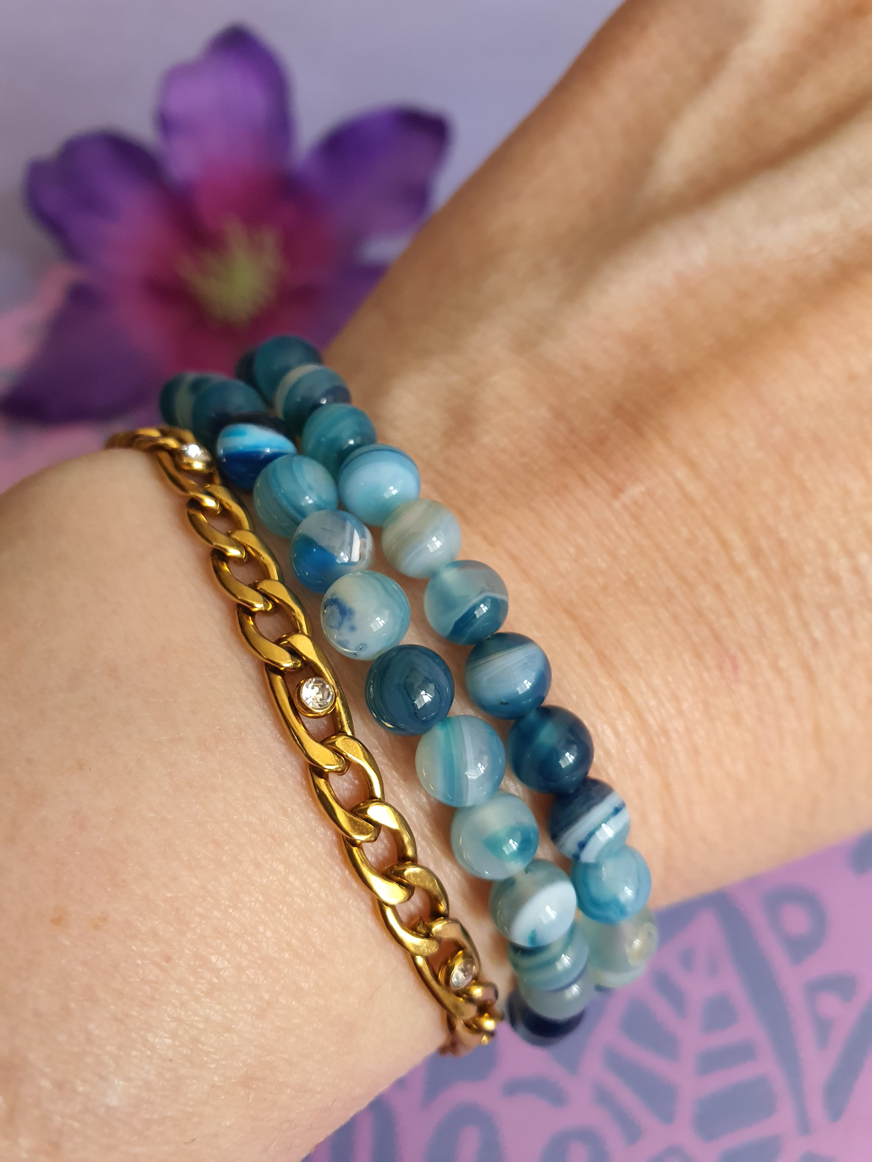 Edelsteen Kogel Armband Blauwe Agaat 6 mm (gebeitst)