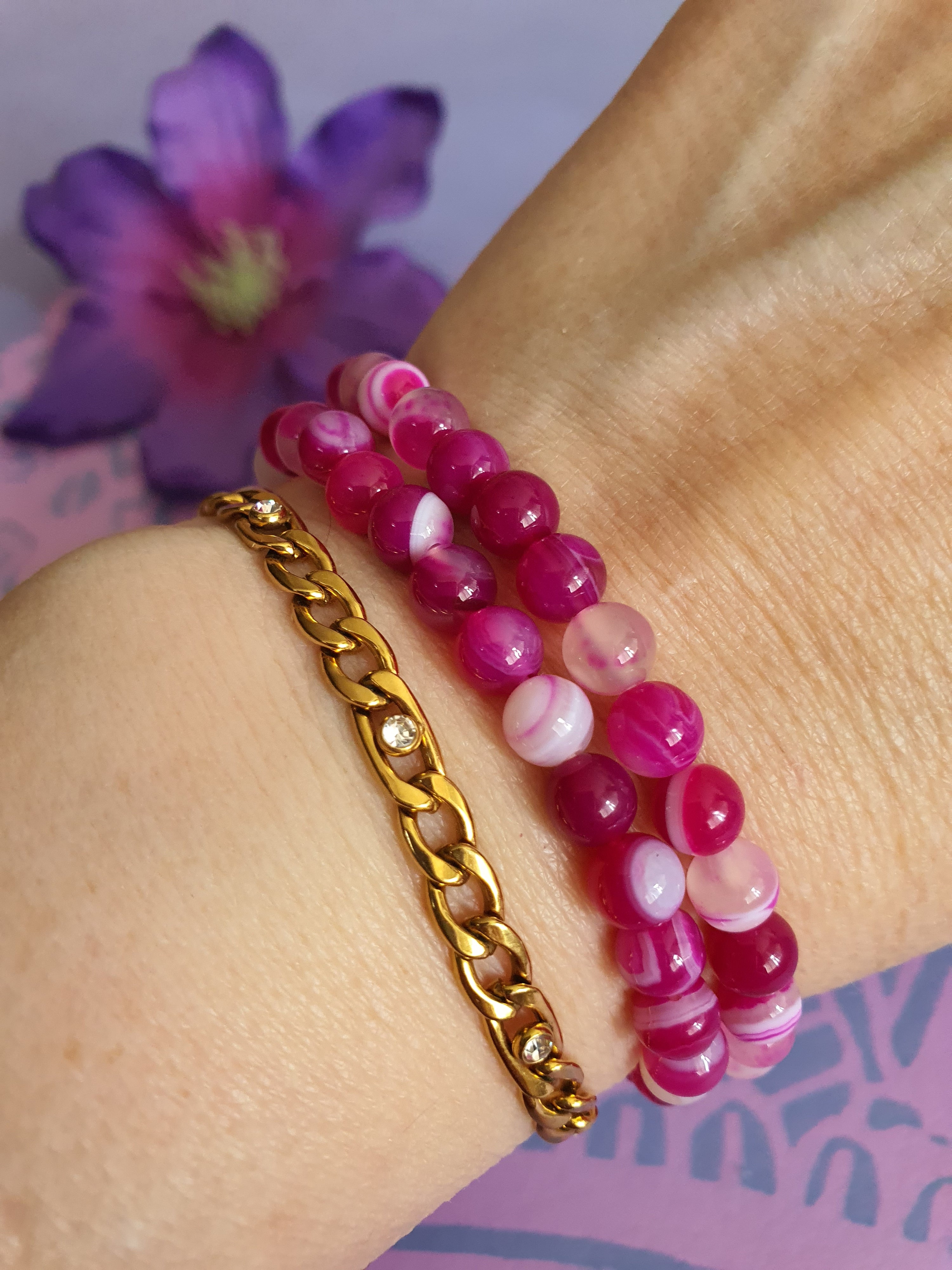 Edelsteen Kogel Armband Roze Agaat 6 mm (gebeitst)