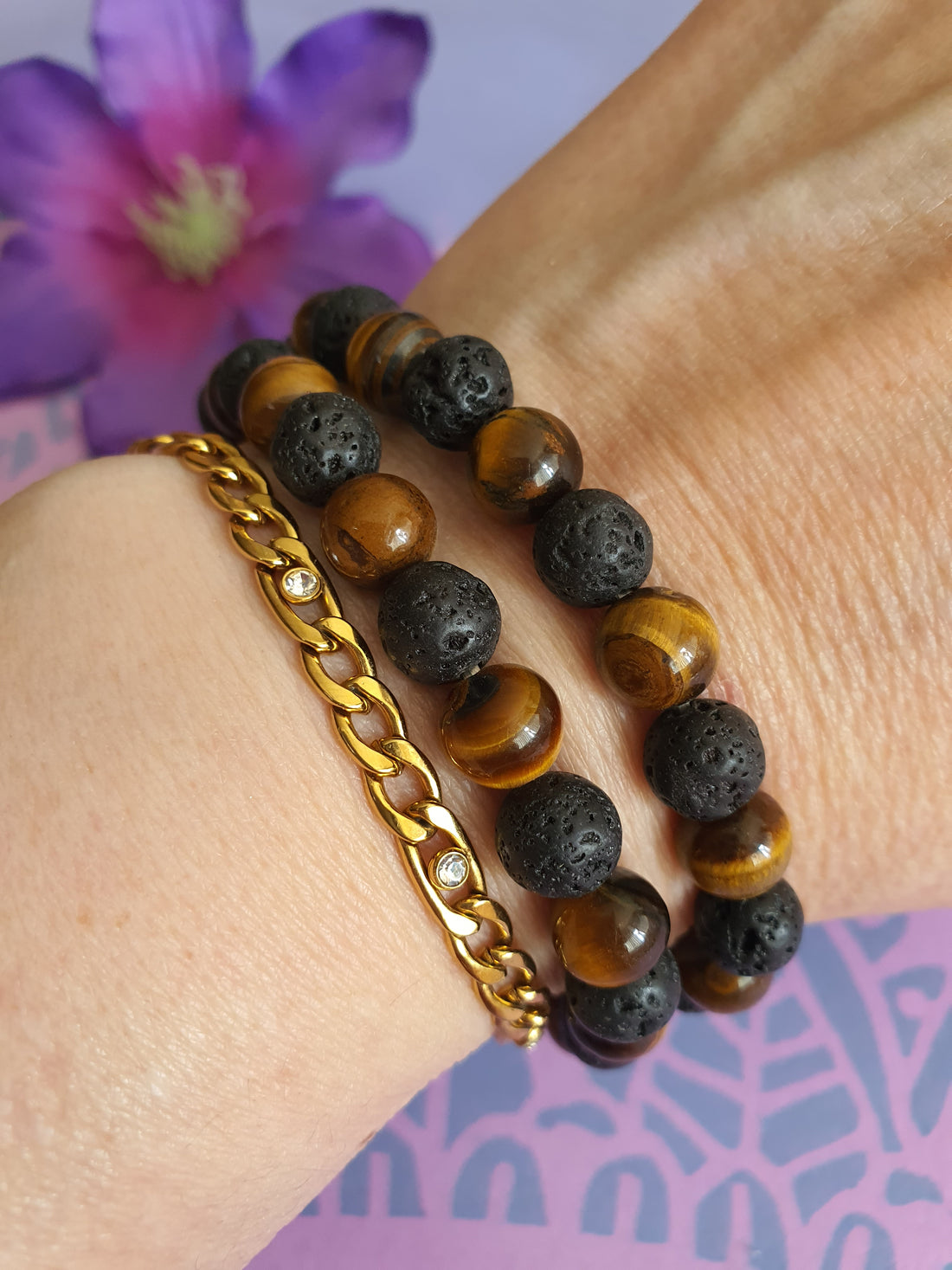 Edelsteen Kogel Armband Tijgeroog / Lavasteen  8mm