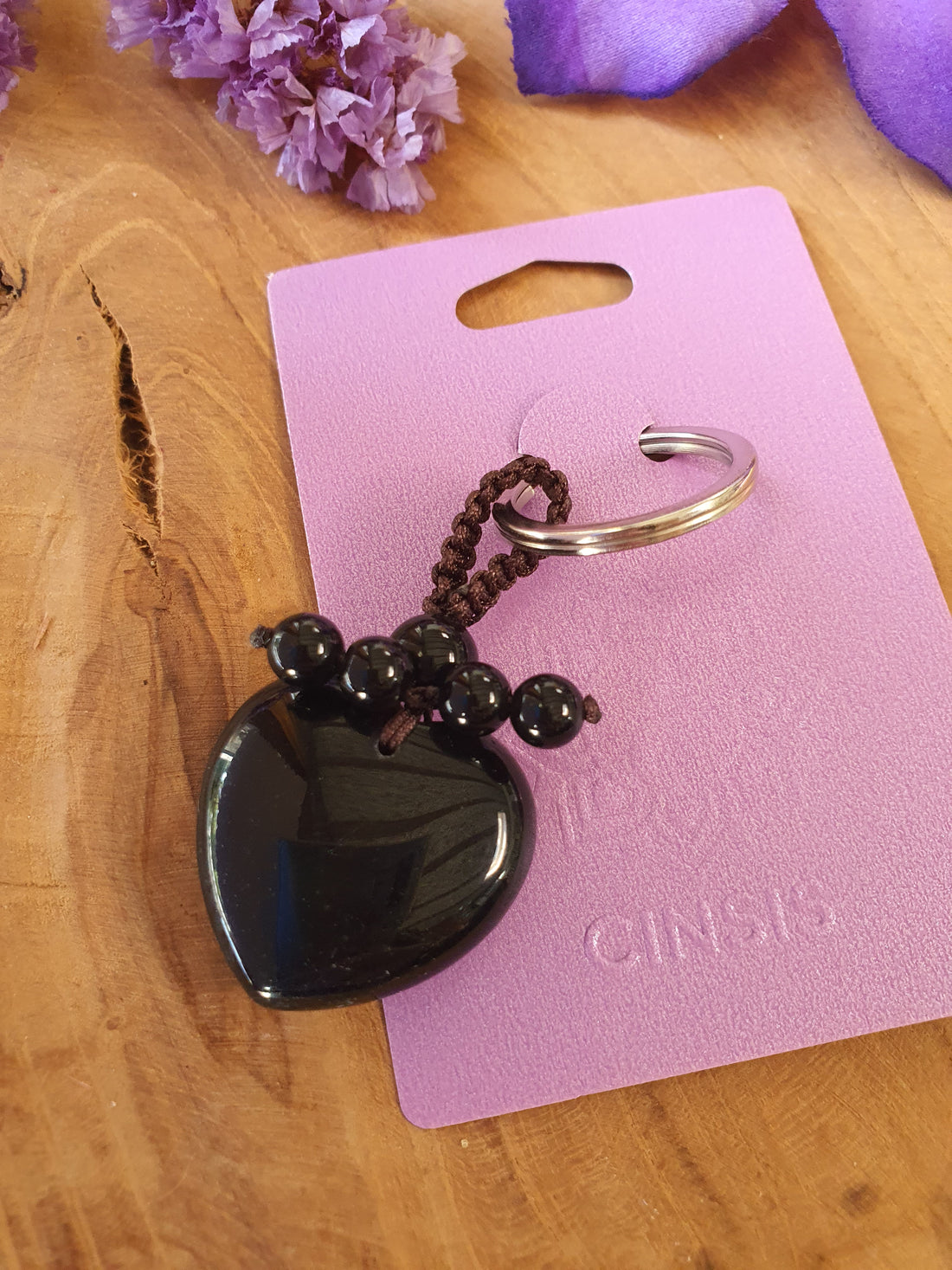Edelsteen Sleutelhanger Zwarte Obsidiaan hart.