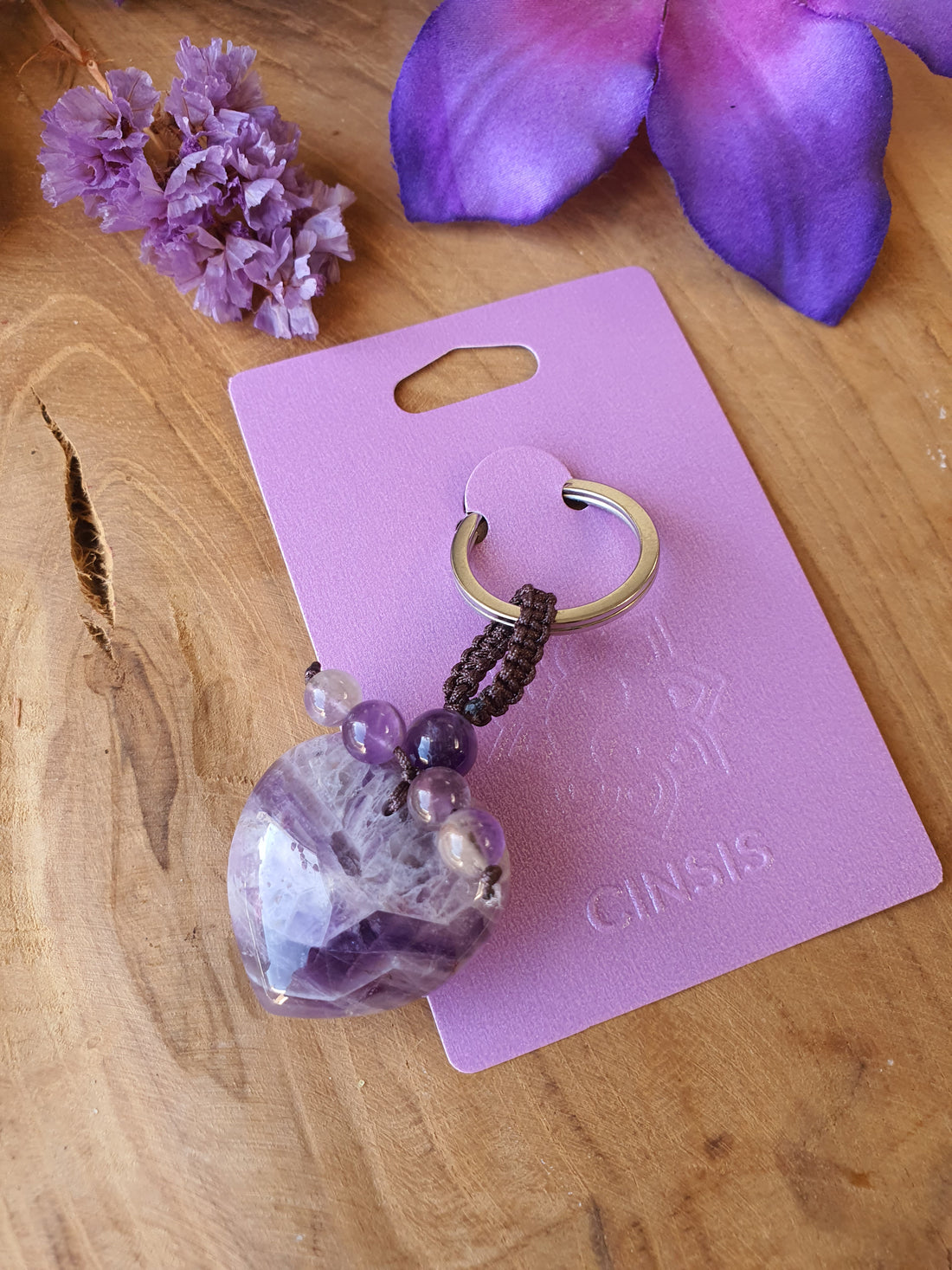 Edelsteen sleutelhanger Amethist hart + kralen