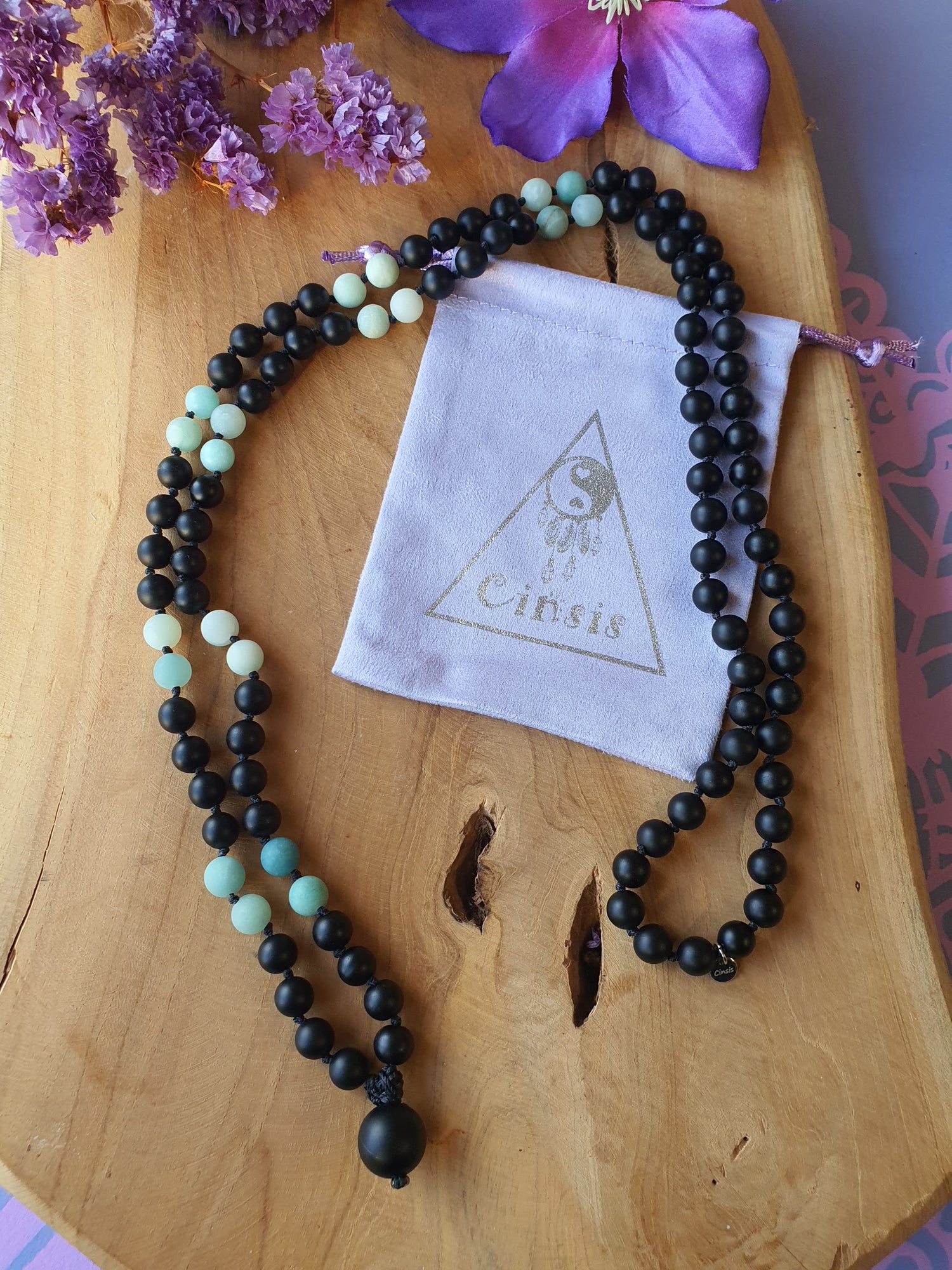 Edelstenen Mala Onyx met Amazoniet (matte kralen)