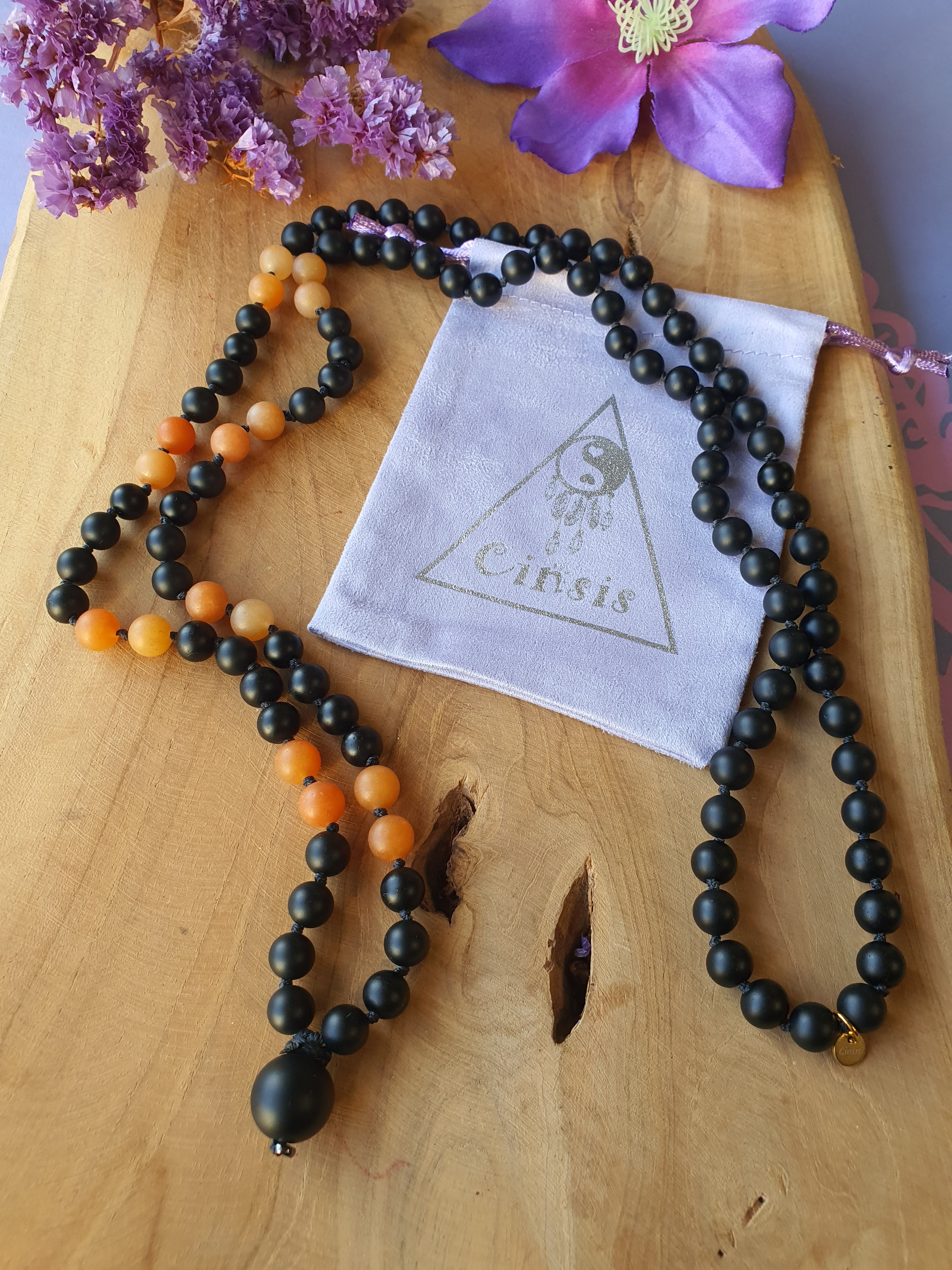 Edelstenen Mala Onyx met Carneool (matte kralen)