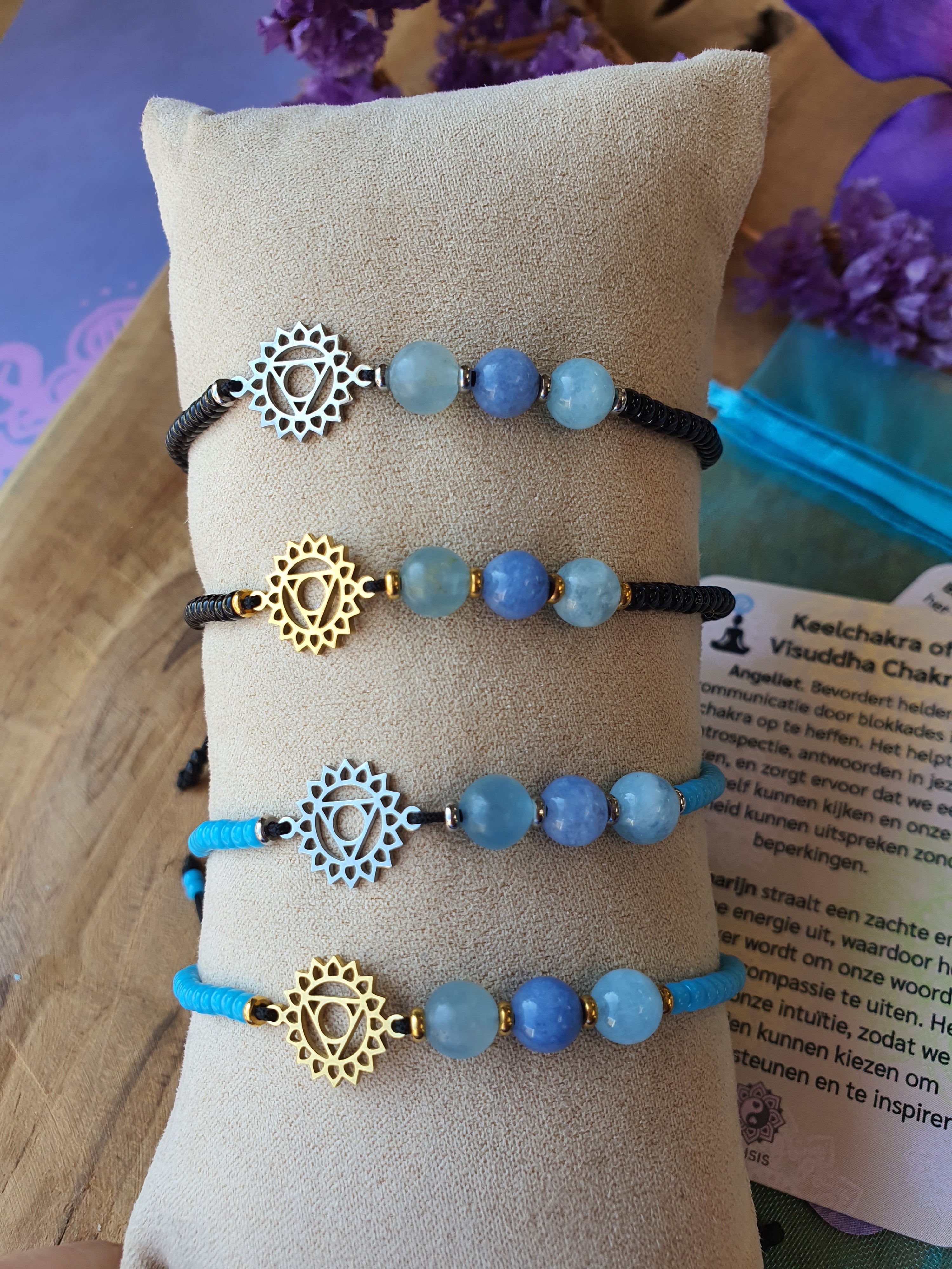 Edelstenen Keelchakra Armband met RVS Symbool