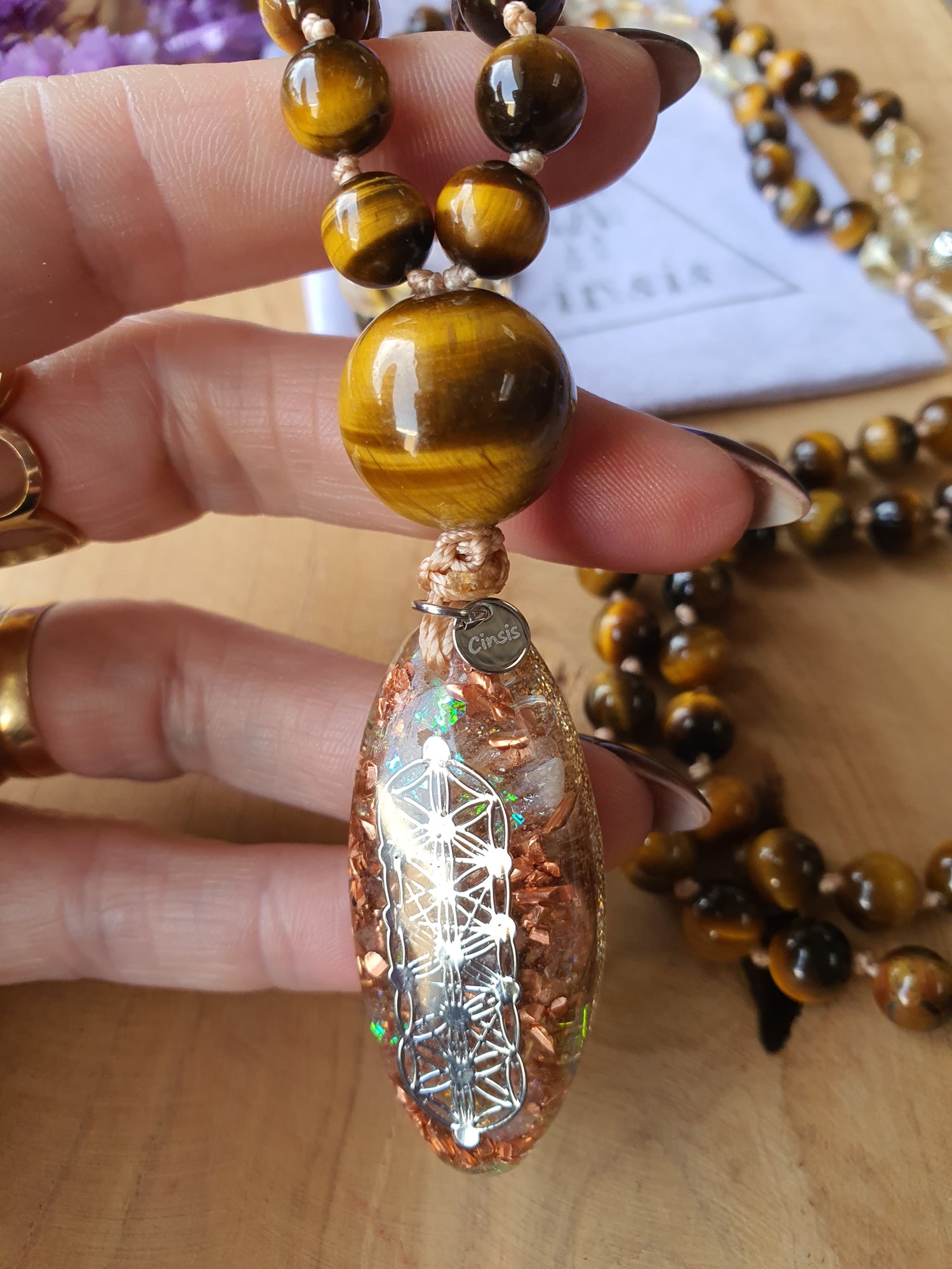 Edelstenen Mala met Orgonite hanger Citrien