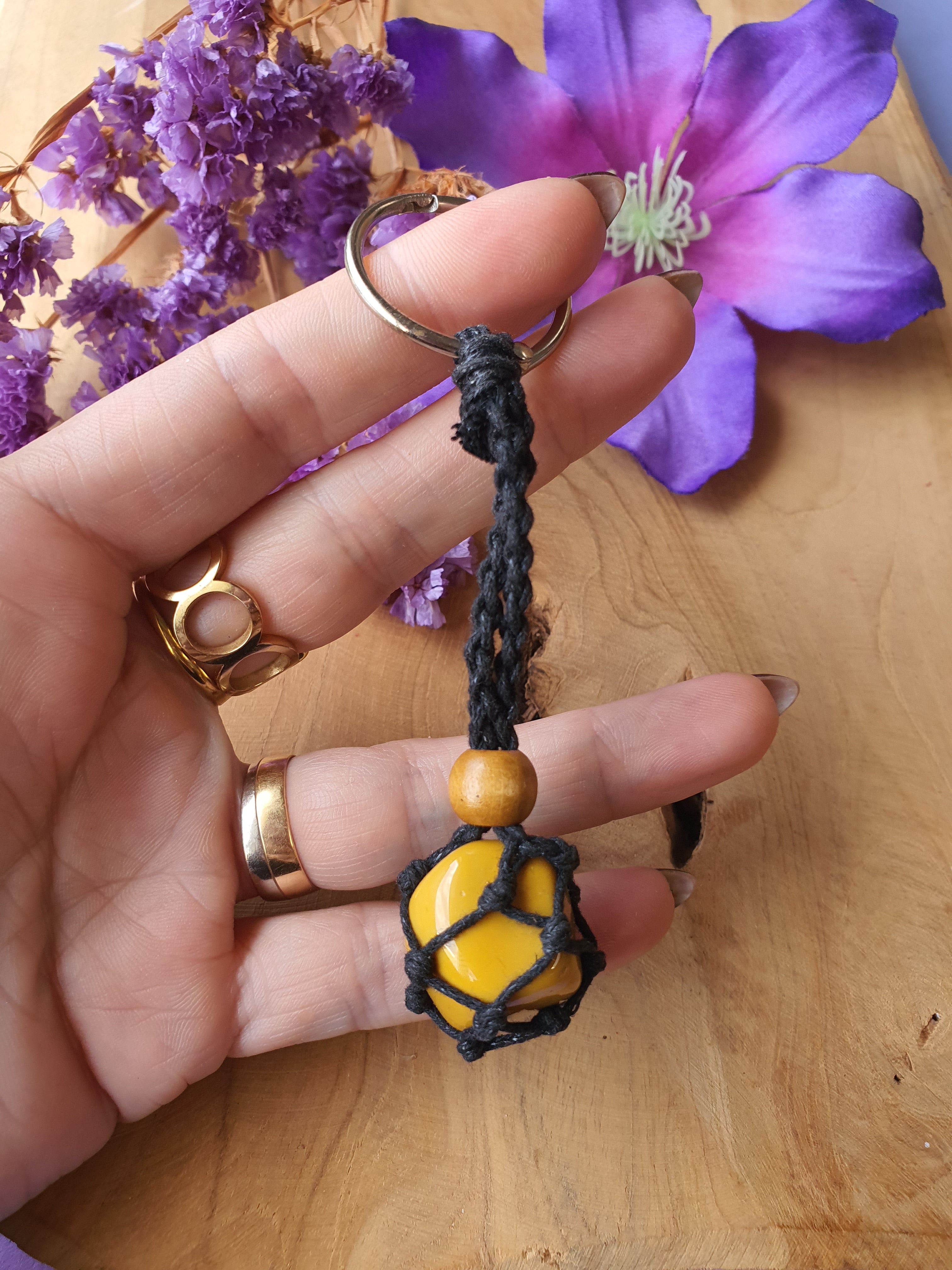 Edelstenen Sleutelhanger Gele Jaspis met Macramé