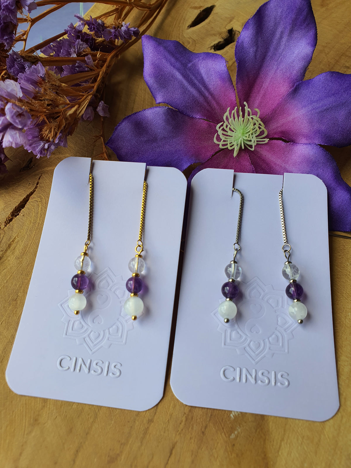 Edelstenen kruinchakra oorhangers rvs goud-zilver