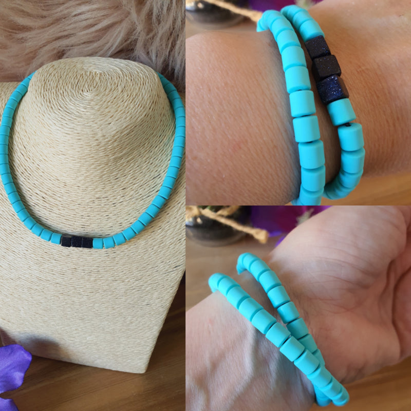 Elastische rekbare choker ketting en armband 2 in 1 sieraad met blauwstroom