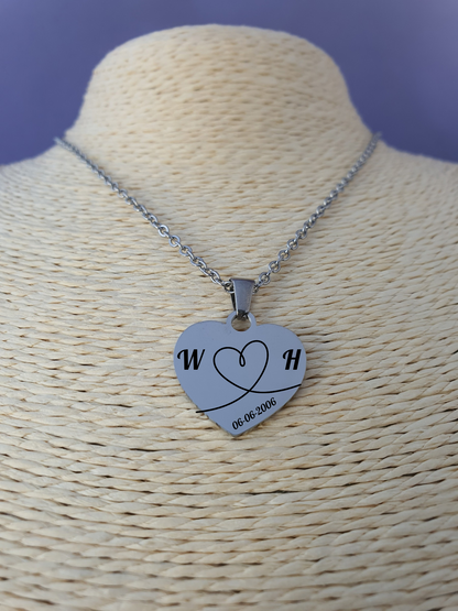 Gegraveerde Ketting met Vrije Tekst: Hart Hanger rvs zilver