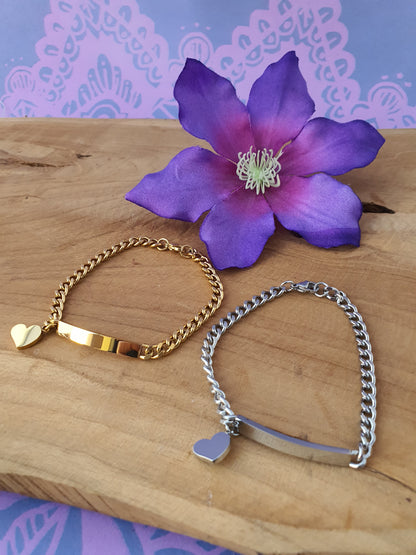 Gepersonaliseerde RVS Armband met ID Bar + hart bedel rvs zilver