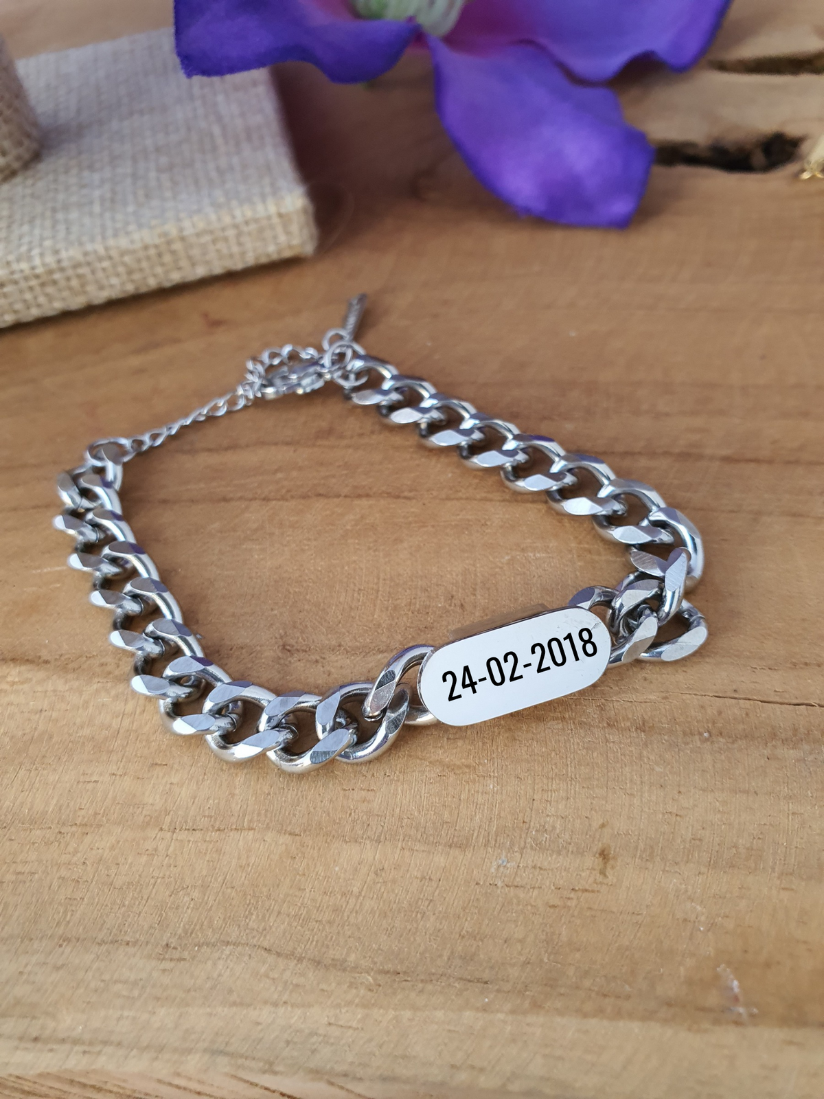 Gepersonaliseerde RVS Schakel armband met gravure optie zoals datum