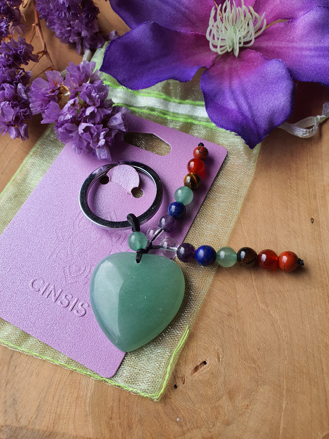 Groene Aventurijn hart / 7 chakra sleutelhanger (2)