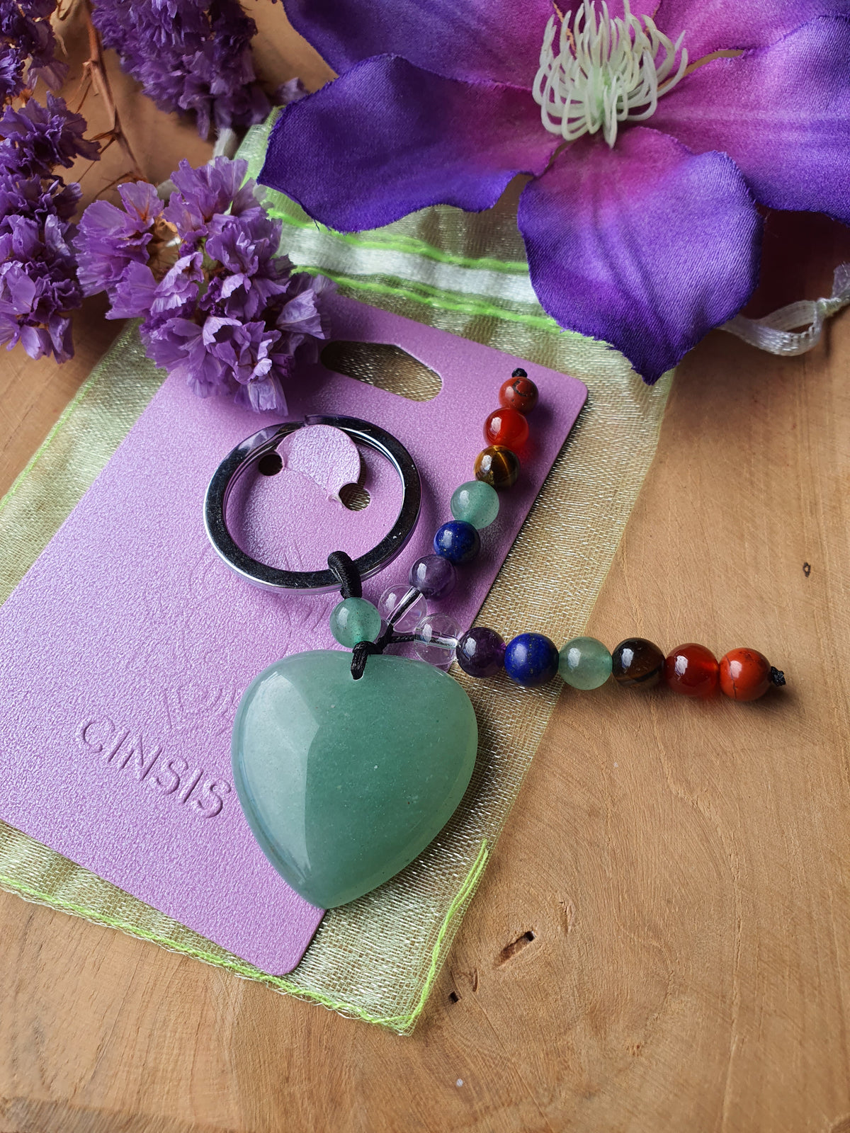 Groene Aventurijn hart / 7 chakra sleutelhanger (2)