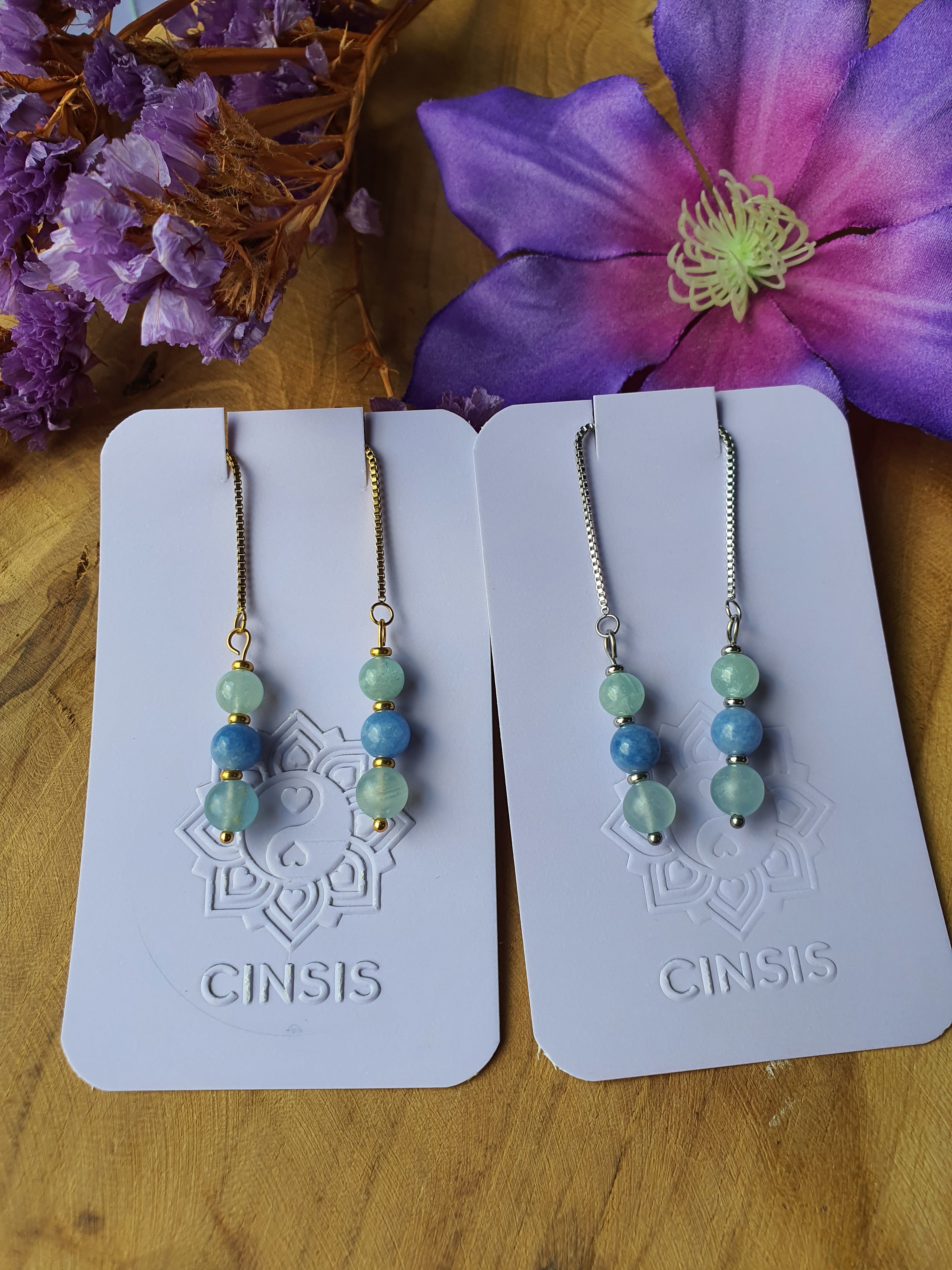 Keelchakra edelstenen oorhangers rvs goud of zilver